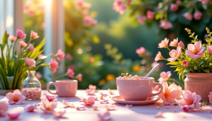 A tranquil table setting featuring pink flowers, coffee mugs with sugar packets, and a glass vase among other items.