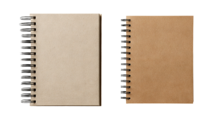 Spiral-bound notebook mockup with kraft paper cover — high-resolution isolated PNG on transparent background, front view journal template for branding, stationery design, print layout, and e-commerce