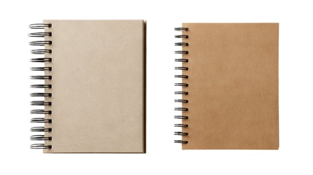 Spiral-bound notebook mockup with kraft paper cover — high-resolution isolated PNG on transparent background, front view journal template for branding, stationery design, print layout, and e-commerce