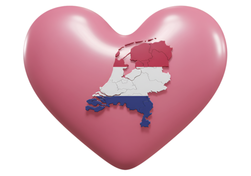 Illustration of a Pink Heart with Dutch Map and Flag on Transparent Background