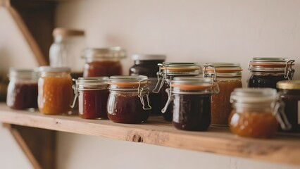 Shelf Displaying Various Jars of Homemade Preserves