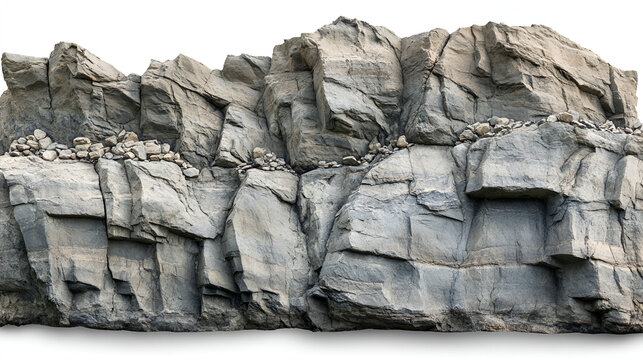 A detailed view of a rugged gray rock formation with cracks and rubble, isolated on a white background.