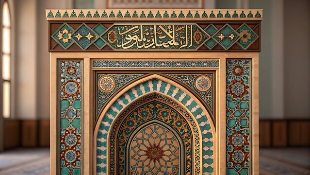 Intricately carved and painted wooden mihrab with arabic calligraphy in a mosque interior