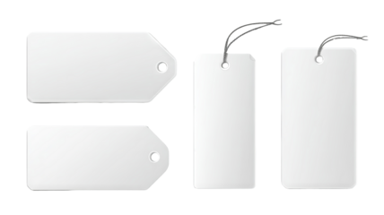 Blank white paper labels and cloth tags set, various shapes — high-resolution transparent PNG cutouts for branding, packaging design, price tags, gift tags, apparel labeling, craft projects