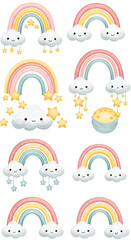 Isolated Pixel Art Rainbows with Clouds and Stars Illustration on Transparent Background