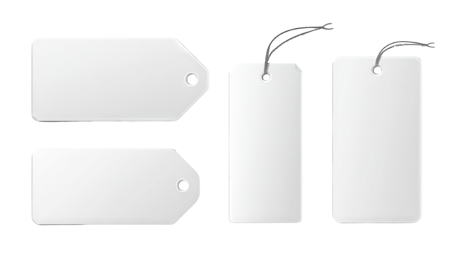Blank white paper labels and cloth tags set, various shapes — high-resolution transparent PNG cutouts for branding, packaging design, price tags, gift tags, apparel labeling, craft projects - Powered by Adobe