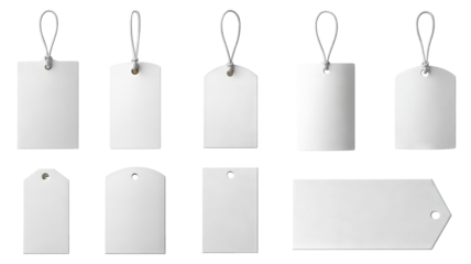 Blank white paper labels and cloth tags set, various shapes — high-resolution transparent PNG cutouts for branding, packaging design, price tags, gift tags, apparel labeling, craft projects