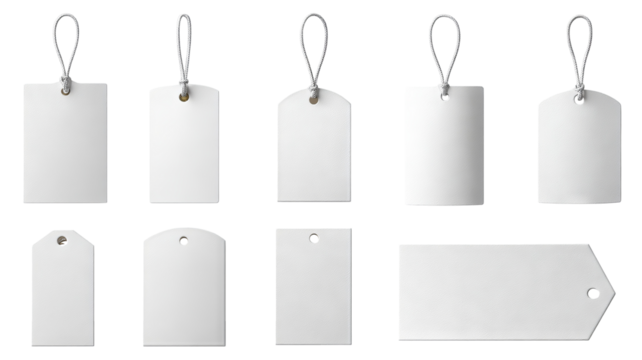 Blank white paper labels and cloth tags set, various shapes — high-resolution transparent PNG cutouts for branding, packaging design, price tags, gift tags, apparel labeling, craft projects