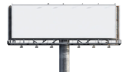 Obraz premium Blank white billboard on tall metal pole, isolated high-resolution PNG cutout with transparent background feel, clean outdoor advertising mockup template with copy space, freestanding signage