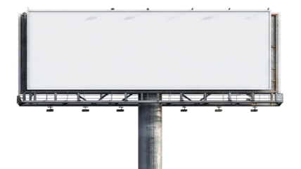 Blank white billboard on tall metal pole, isolated high-resolution PNG cutout with transparent background feel, clean outdoor advertising mockup template with copy space, freestanding signage