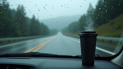Rainy Window Roadtrip – A moody view from inside a car looking out through a rain-speckled window, with a blurred scenic highway and a travel mug in the foreground