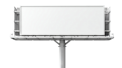 Blank white billboard on tall metal pole, isolated high-resolution PNG cutout with transparent background feel, clean outdoor advertising mockup template with copy space, freestanding signage