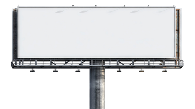 Blank white billboard on tall metal pole, isolated high-resolution PNG cutout with transparent background feel, clean outdoor advertising mockup template with copy space, freestanding signage