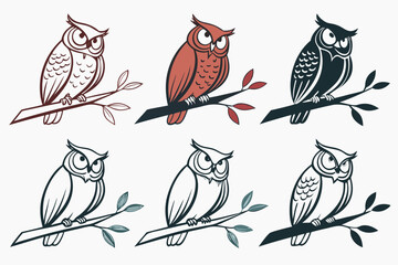 set of owl on branch silhouette vector illustration