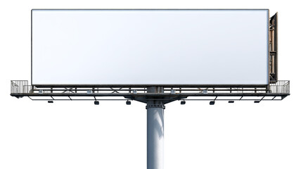 Obraz premium Blank white billboard on tall metal pole, isolated high-resolution PNG cutout with transparent background feel, clean outdoor advertising mockup template with copy space, freestanding signage