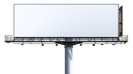 Blank white billboard on tall metal pole, isolated high-resolution PNG cutout with transparent background feel, clean outdoor advertising mockup template with copy space, freestanding signage