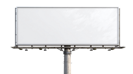 Blank white billboard on tall metal pole, isolated high-resolution PNG cutout with transparent background feel, clean outdoor advertising mockup template with copy space, freestanding signage