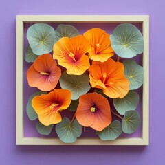 A vibrant arrangement of paper flowers and leaves in a wooden frame.