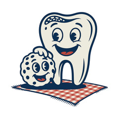 A happy, retro cartoon tooth character with a cookie friend on a picnic blanket, a dental mascot vector illustration
