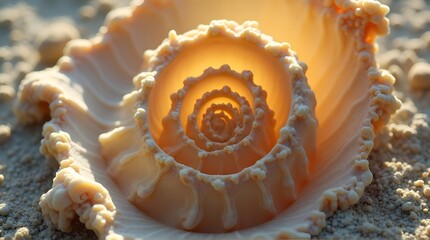 Obraz premium Close-up of a Spiral Seashell on Sand, Warm Light, Intricate Details