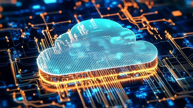 Abstract cloud technology with circuit board network background in blue and orange color scheme