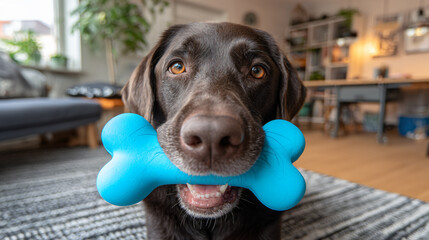 Playful Labrador Pet Indoors Smiling Joyful Cute Canine Closeup Happy Dog Sniffing Blue Bone Cheerful Doglover Friendship Carpet Sitting Happyplace Adorable Friendship Pawprint Relaxed Companionship
