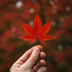 Photo A Hand Holding A Single Vibrant Red Maple Leaf Against Bokeh Background
