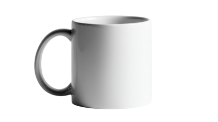 Blank white ceramic mug mockup — high-resolution isolated PNG on transparent background, clean front view coffee mug for logo placement, sublimation printing, merchandise branding, packaging design