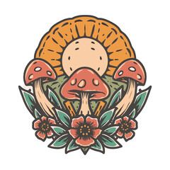 Naklejka premium A vibrant and psychedelic illustration of magic mushrooms and flowers under a retro sun, groovy 70s art vector illustration