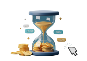 Illustration of Transparent Hourglass with Gold Coins on Black Background