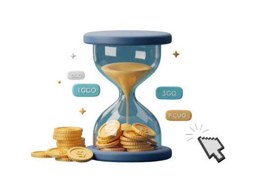 Illustration of Transparent Hourglass with Gold Coins on Black Background