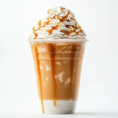 A delicious caramel frappuccino in a takeaway cup, drizzled with caramel sauce
