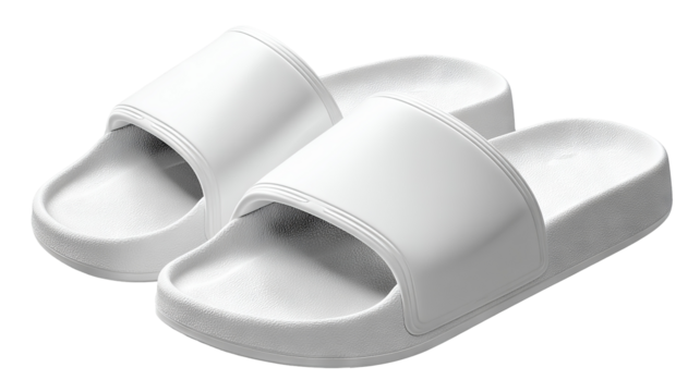 White slide sandal slippers isolated on transparent background - high-resolution PNG cutout mockup for footwear branding, ecommerce product listing, apparel design, advertising