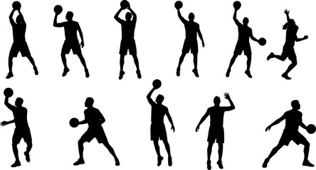 Obraz premium Set of male and female basketball player silhouettes with ball, lead ball, defend, attack, game techniques and poses. People playing sport game. Vector illustration isolated on transparent background