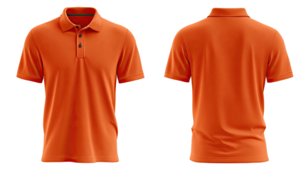 Front and back view of a bright orange polo shirt.  Short sleeves, collared,  button-down style.  Blank template