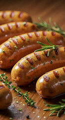 Photo Close Up Of Grilled Sausages On Wooden Board With Herbs