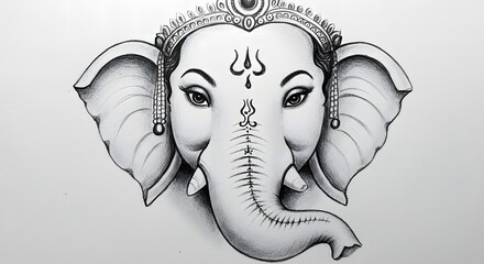 A detailed black and white pencil drawing of the Hindu god Ganesha's head, featuring his trunk, large ears, and crown.