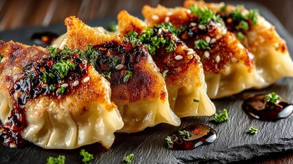 Golden-brown Japanese gyoza dumplings topped with green garnish and sesame seeds,