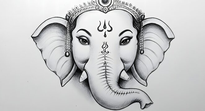 A detailed black and white pencil drawing of the Hindu god Ganesha's head, featuring his trunk, large ears, and crown. - Powered by Adobe