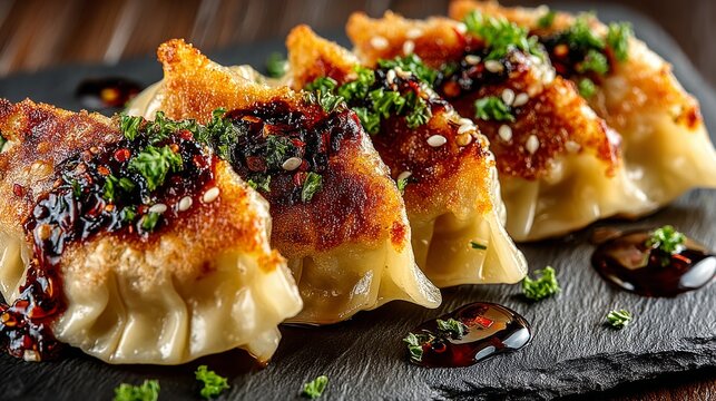 Golden-brown Japanese gyoza dumplings topped with green garnish and sesame seeds,