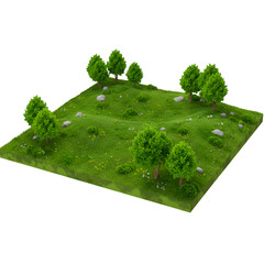 Isometric 3D Illustration of a Green Landscape with Trees and Grass on Transparent Background