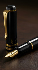 Photo Of A Classic Black And Gold Fountain Pen Detail On Brown Leather Background