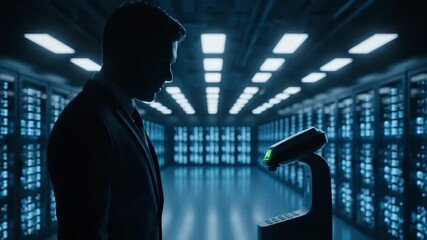 A businessman in a dark server room interacts with a high-tech device, showcasing advanced technology in a modern data center filled with illuminated server racks in the background - Powered by Adobe