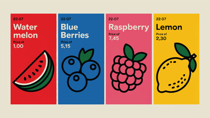 Four minimalist fruit posters watermelon blueberries raspberry lemon with prices vector
