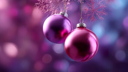 Pink and purple Christmas baubles hanging with soft festive background
 - Powered by Adobe