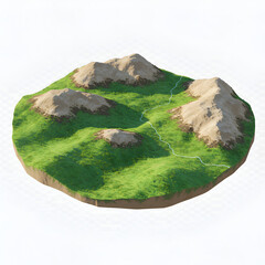 Isometric 3D Illustration of Island Landscape with Green Grass and Brown Mountains