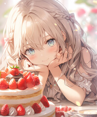 "Beautiful Anime Girl with Blue Eyes Smiling Beside Strawberry Cake"　／「青い瞳の美しいアニメ風少女、苺ケーキのそばで微笑む」