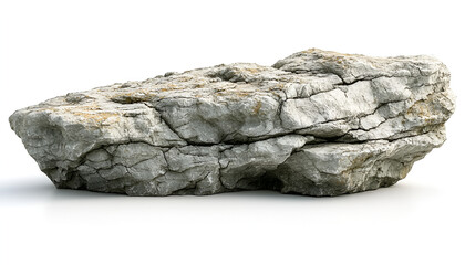 An isolated, weathered gray stone with a heavily cracked and textured surface.
