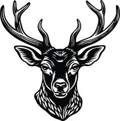 Stunning Stag Heads Monochrome Antler Portraits Black and white illustration, deer head silhouette, majestic antlers, minimalist design, elegant profile, stylized wildlife art, sharp contrast, vector