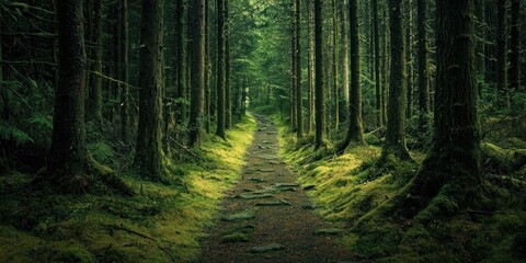 Obraz premium A mysterious ancient path covered in moss and lined with towering trees